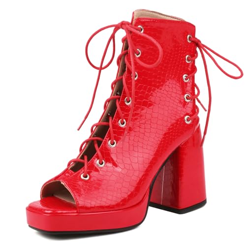 Gicoiz Damen Peep Toe Sommer Mode Schnüren Plateau Stiefel Strappy Combat Ankle Stiefeletten Zip Mesh Chunky Höhe Ferse Party Rot Gr 33 EU von Gicoiz
