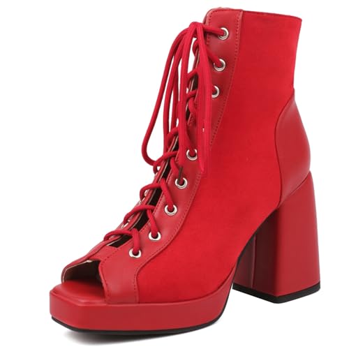 Gicoiz Damen Peep Toe Sommer Mode Schnüren Plateau Stiefel Strappy Combat Ankle Stiefeletten Zip Mesh Chunky Höhe Ferse Party Rot Gr 34 EU von Gicoiz
