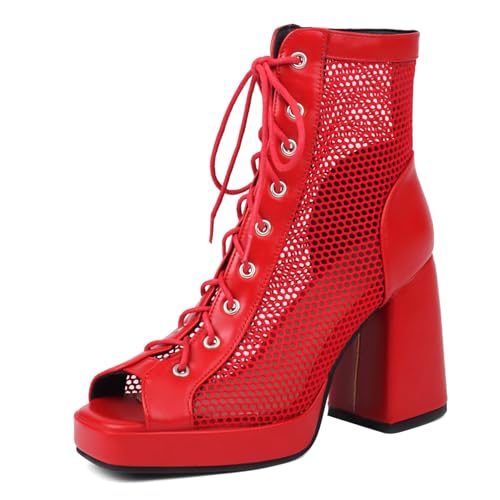 Gicoiz Damen Peep Toe Sommer Mode Schnüren Plateau Stiefel Strappy Combat Ankle Stiefeletten Zip Mesh Chunky Höhe Ferse Party Rot Gr 36 EU von Gicoiz