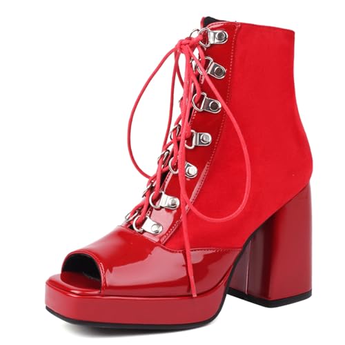 Gicoiz Damen Peep Toe Sommer Mode Schnüren Plateau Stiefel Strappy Combat Ankle Stiefeletten Zip Mesh Chunky Höhe Ferse Party Rot Gr 39 EU-40Cn von Gicoiz