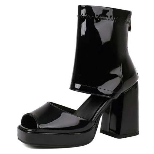 Gicoiz Damen Peep Toe Sommer Mode Schnüren Plateau Stiefel Strappy Combat Ankle Stiefeletten Zip Mesh Chunky Höhe Ferse Party Schwarz Gr 33 EU von Gicoiz