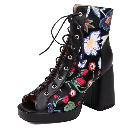 Gicoiz Damen Peep Toe Sommer Mode Schnüren Plateau Stiefel Strappy Combat Ankle Stiefeletten Zip Mesh Chunky Höhe Ferse Party Schwarz Gr 33 EU von Gicoiz