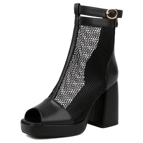Gicoiz Damen Peep Toe Sommer Mode Schnüren Plateau Stiefel Strappy Combat Ankle Stiefeletten Zip Mesh Chunky Höhe Ferse Party Schwarz Gr 33 EU von Gicoiz