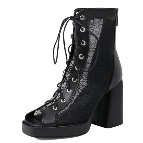Gicoiz Damen Peep Toe Sommer Mode Schnüren Plateau Stiefel Strappy Combat Ankle Stiefeletten Zip Mesh Chunky Höhe Ferse Party Schwarz Gr 33 EU von Gicoiz