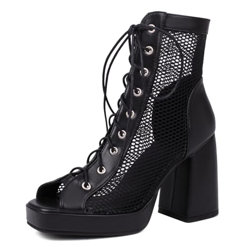 Gicoiz Damen Peep Toe Sommer Mode Schnüren Plateau Stiefel Strappy Combat Ankle Stiefeletten Zip Mesh Chunky Höhe Ferse Party Schwarz Gr 33 EU von Gicoiz