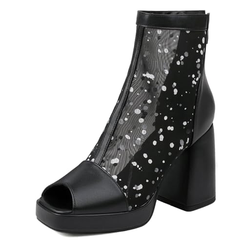 Gicoiz Damen Peep Toe Sommer Mode Schnüren Plateau Stiefel Strappy Combat Ankle Stiefeletten Zip Mesh Chunky Höhe Ferse Party Schwarz Gr 33 EU von Gicoiz