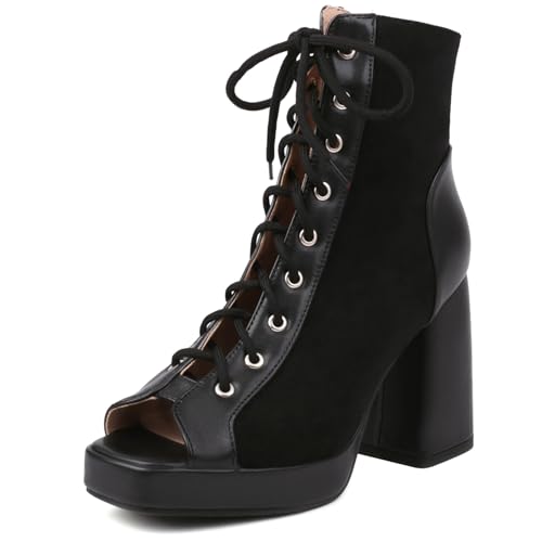 Gicoiz Damen Peep Toe Sommer Mode Schnüren Plateau Stiefel Strappy Combat Ankle Stiefeletten Zip Mesh Chunky Höhe Ferse Party Schwarz Gr 35 EU von Gicoiz