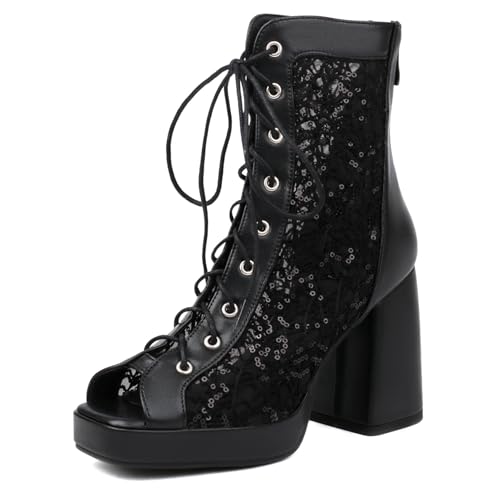 Gicoiz Damen Peep Toe Sommer Mode Schnüren Plateau Stiefel Strappy Combat Ankle Stiefeletten Zip Mesh Chunky Höhe Ferse Party Schwarz Gr 35 EU von Gicoiz