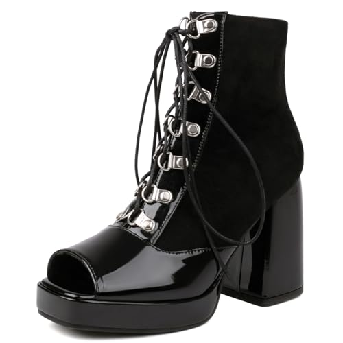 Gicoiz Damen Peep Toe Sommer Mode Schnüren Plateau Stiefel Strappy Combat Ankle Stiefeletten Zip Mesh Chunky Höhe Ferse Party Schwarz Gr 36 EU von Gicoiz