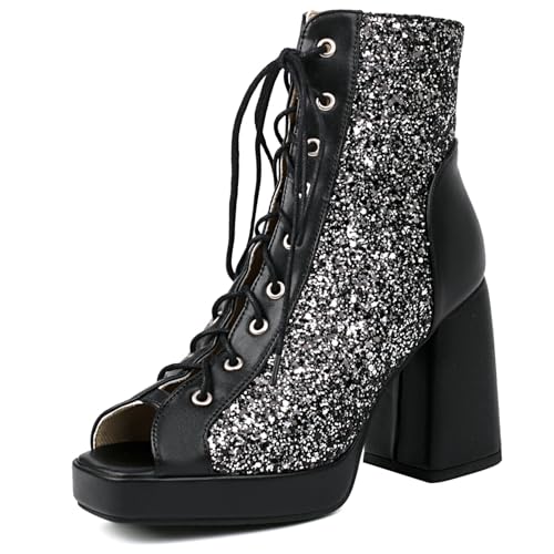 Gicoiz Damen Peep Toe Sommer Mode Schnüren Plateau Stiefel Strappy Combat Ankle Stiefeletten Zip Mesh Chunky Höhe Ferse Party Schwarz Gr 36 EU von Gicoiz