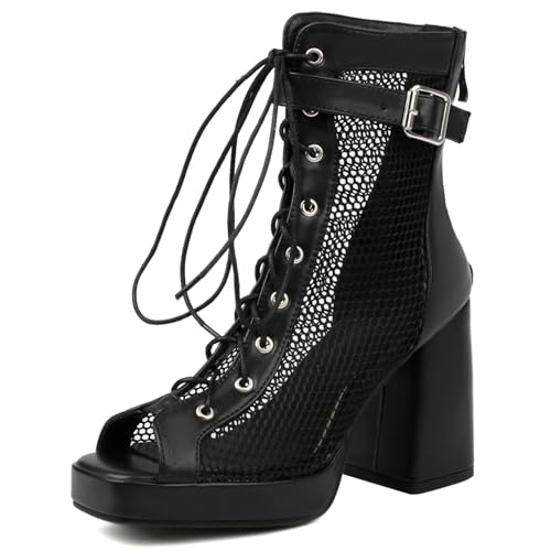 Gicoiz Damen Peep Toe Sommer Mode Schnüren Plateau Stiefel Strappy Combat Ankle Stiefeletten Zip Mesh Chunky Höhe Ferse Party Schwarz-P Gr 35 EU von Gicoiz