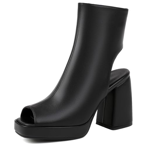 Gicoiz Damen Peep Toe Sommer Mode Schnüren Plateau Stiefel Strappy Combat Ankle Stiefeletten Zip Mesh Chunky Höhe Ferse Party Schwarz-P Gr 44 EU-46Cn von Gicoiz