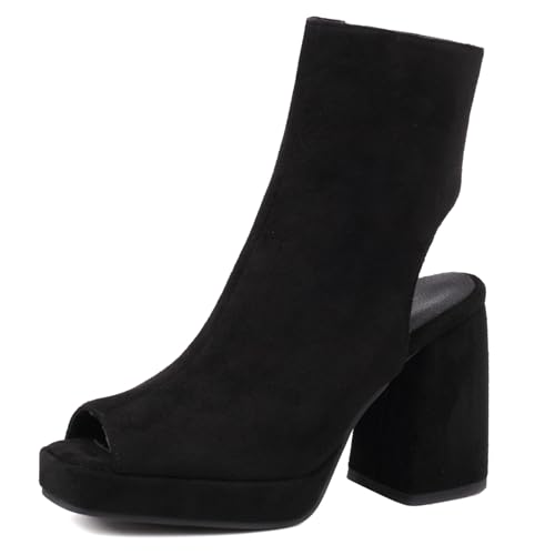 Gicoiz Damen Peep Toe Sommer Mode Schnüren Plateau Stiefel Strappy Combat Ankle Stiefeletten Zip Mesh Chunky Höhe Ferse Party Schwarz-S Gr 40.5 EU-42Cn von Gicoiz