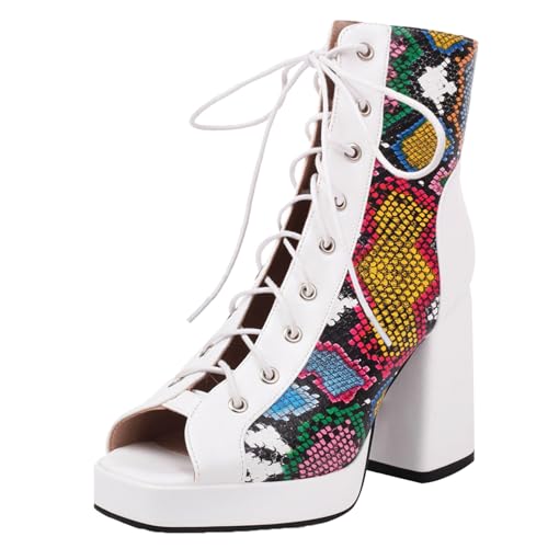 Gicoiz Damen Peep Toe Sommer Mode Schnüren Plateau Stiefel Strappy Combat Ankle Stiefeletten Zip Mesh Chunky Höhe Ferse Party Snakeskin Gr 35 EU von Gicoiz