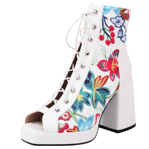 Gicoiz Damen Peep Toe Sommer Mode Schnüren Plateau Stiefel Strappy Combat Ankle Stiefeletten Zip Mesh Chunky Höhe Ferse Party Weiß Gr 33 EU von Gicoiz