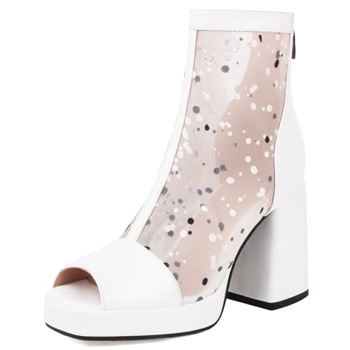 Gicoiz Damen Peep Toe Sommer Mode Schnüren Plateau Stiefel Strappy Combat Ankle Stiefeletten Zip Mesh Chunky Höhe Ferse Party Weiß Gr 33 EU von Gicoiz