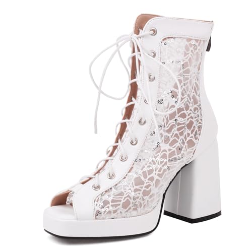 Gicoiz Damen Peep Toe Sommer Mode Schnüren Plateau Stiefel Strappy Combat Ankle Stiefeletten Zip Mesh Chunky Höhe Ferse Party Weiß Gr 35 EU von Gicoiz