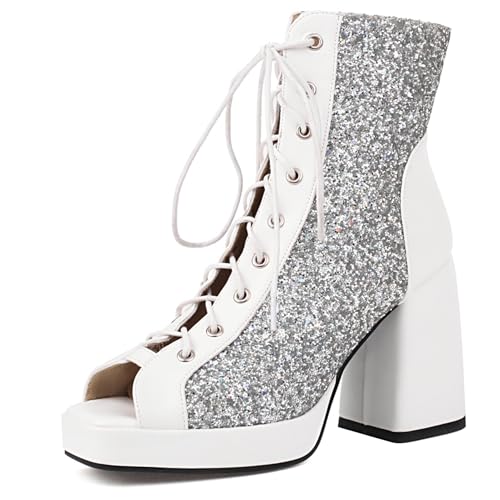 Gicoiz Damen Peep Toe Sommer Mode Schnüren Plateau Stiefel Strappy Combat Ankle Stiefeletten Zip Mesh Chunky Höhe Ferse Party Weiß Gr 36 EU von Gicoiz