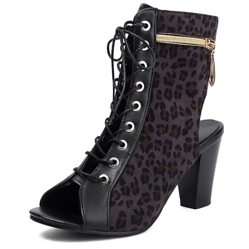 Gicoiz Damen Peep Toe Sommer Schnüren Vintage Romisch Stiefel Mode Hohen Blockabsatz Strappy Gladiator Slingback Biker Stiefeletten Schwarz Gr 36.5 EU-37Cn von Gicoiz