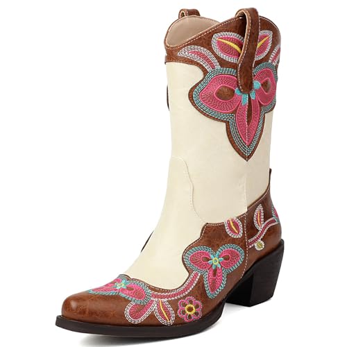 Gicoiz Damen Pointed Toe Bestickt Western Cowboy Hohe Stiefel Ohne Verschluss Halbschaft Blockabsatz Stiefel Winter Draußen Riding Stiefeletten Vintage Braun Gr 44 EU-46Cn Gicoiz Damen Pointed Toe Bestickt Western Cowboy Hohe Stiefel Ohne Verschluss Halbschaft Blockabsatz Stiefel Winter Draußen Riding Stiefeletten Vintage Braun Gr 44 EU-46Cn von Gicoiz