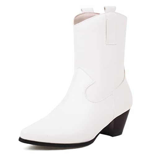 Gicoiz Damen Pointed Toe Blockabsatz Kurz Cowboystiefel Ohne Verschluss Winter Draußen Horse Riding Komfort Western Chelsea Stiefeletten Retro Weiß Gr 37 EU-38Cn von Gicoiz