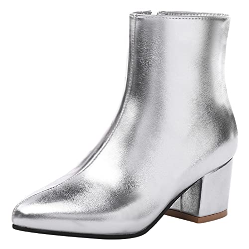 Gicoiz Damen Pointed Toe Buro Formal Chelsea Stiefel Blockabsatz Stiefel Winter Arbeit Warm Ankle Stiefeletten Seitenreißverschluss Hochzeit Schuhe Silber Gr 35 EU von Gicoiz