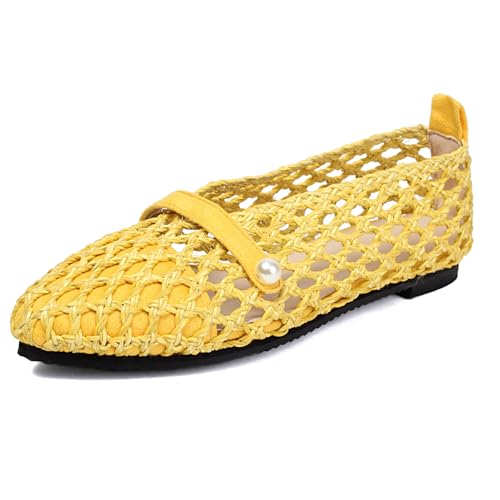 Gicoiz Damen Pointed Toe Dolly Schuhe Mesh Ballet Flach Schuhe Closed Pointed Toe Hochzeit Walking Driving Arbeit Hollow Out Comfy Mary Jane Gelb Gr 47 EU-49Cn von Gicoiz