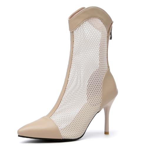 Gicoiz Damen Pointed Toe Halbschaft Sommer Stiefel Stiletto Mittelhohe Stiefel Hochzeit Elegant Hollow Out Zip Stiefeletten Mesh Aprikose Gr 40 EU-41Cn von Gicoiz