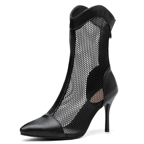 Gicoiz Damen Pointed Toe Halbschaft Sommer Stiefel Stiletto Mittelhohe Stiefel Hochzeit Elegant Hollow Out Zip Stiefeletten Mesh Schwarz Gr 40.5 EU-42Cn von Gicoiz