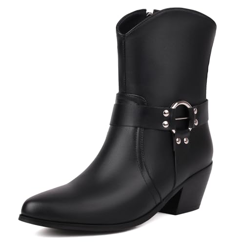Gicoiz Damen Pointed Toe Harness Blockabsatz Stiefel Cowboystiefel Chunky Winter Draußen Stylish Equestrian Riding Western Halbschaft Stiefeletten Schnalle Schwarz Gr 44 EU-46Cn von Gicoiz