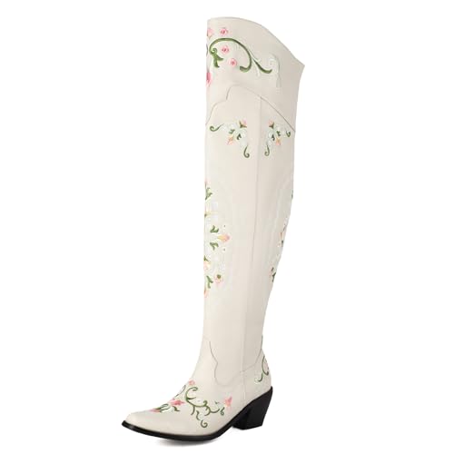Gicoiz Damen Pointed Toe Klassische Overknees Franse Cowboystiefel Ohne Verschluss Winter Blockabsatz Stiefel Bestickt Western Lang Booty Elegant Beige Gr 38 EU-39Cn von Gicoiz