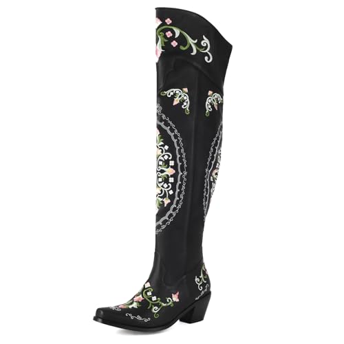 Gicoiz Damen Pointed Toe Klassische Overknees Franse Cowboystiefel Ohne Verschluss Winter Blockabsatz Stiefel Bestickt Western Lang Booty Elegant Schwarz Gr 39 EU-40Cn von Gicoiz