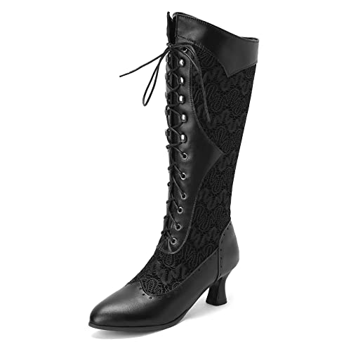 Gicoiz Damen Pointed Toe Klassische Schnüren Military Kitten Heel Kniehohe Stiefel Leisure Strappy Motorcycle Winter Combat Chukka Stiefeletten Schwarz Gr 41 EU-43Cn von Gicoiz