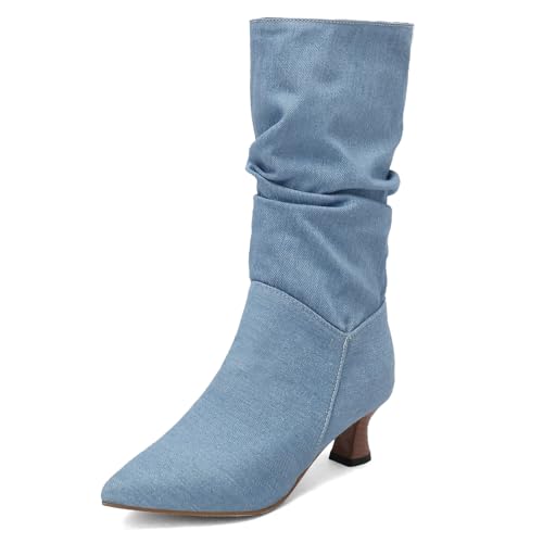 Gicoiz Damen Pointed Toe Kleid Slouch Kitten Heel Hohe Stiefel Ohne Verschluss Winter Hochzeit Mode Cowboy Riding Halbschaft Stiefeletten Warm Blau Gr 38 EU-39Cn von Gicoiz