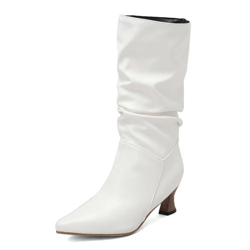 Gicoiz Damen Pointed Toe Kleid Slouch Kitten Heel Hohe Stiefel Ohne Verschluss Winter Hochzeit Mode Cowboy Riding Halbschaft Stiefeletten Warm Weiß Gr 38 EU-39Cn von Gicoiz