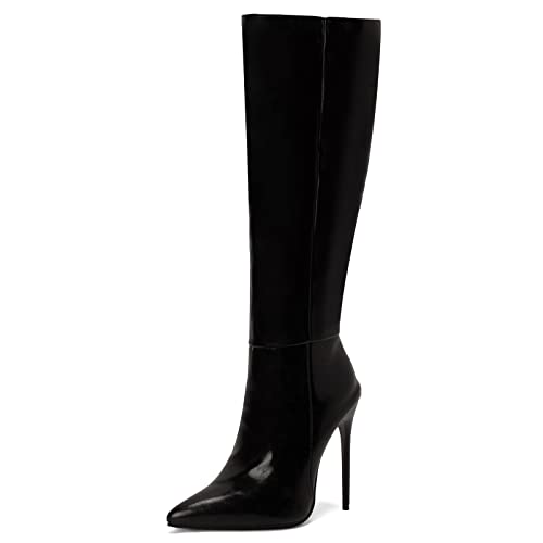 Gicoiz Damen Pointed Toe Mode Knee High Stiletto Stiefel Winter Elegant Heels Schuhe Hochzeit Party Kleid Warm Riding Stiefeletten Schwarz Gr 40 EU-41Cn von Gicoiz