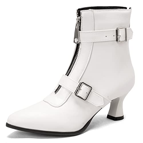 Gicoiz Damen Pointed Toe Retro Kitten Heels Winter Stiefeletten Elegant Schnüren Biker Military Comfy Chelsea Stiefeletten Reißverschluss Weiß Gr 43 EU-45Cn von Gicoiz