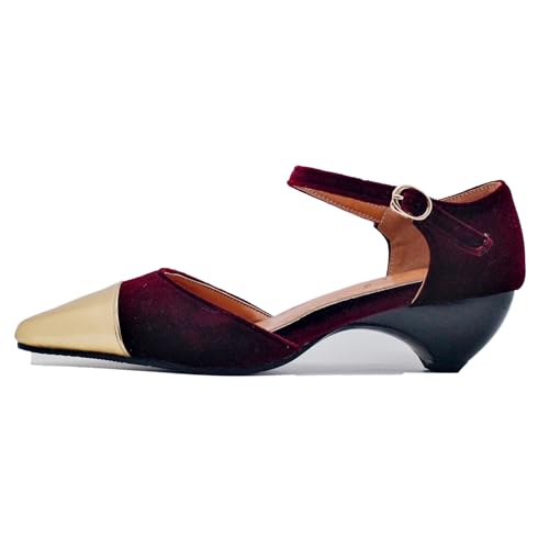 Gicoiz Damen Pointed Toe Wildleder Low Kitten Heel Sandalen Formal Knöchelriemchen Abend Comfy Geschlossen Zweifarbig Brautschuhe Rotwein Gr 36 EU von Gicoiz