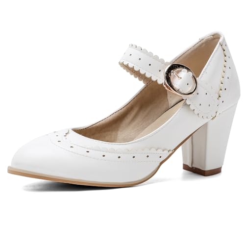 Gicoiz Damen Polka Dot Mary Jane Bogen Pumps Block Schuhe Closed Runde Zehen Damen Lovely Hochzeit Knöchelriemchen Party Schuhe Lolita Weiß Gr 38 EU-39Cn von Gicoiz