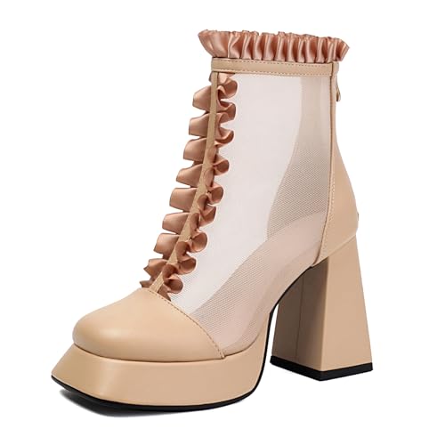 Gicoiz Damen Ruffles Chelsea Plateau Höhe Ferse Stiefeletten Hochzeit Elegant Chunky Mesh Stiefeletten Reißverschluss Runde Zehen Party Aprikose Gr 38 EU-39Cn von Gicoiz
