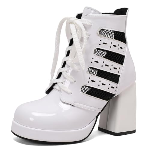Gicoiz Damen Runde Zehen Chunky Heels Schnüren Lack Stiefel Sommer Mode Military Party Plateau Ankle Stiefeletten Ösen Weiß Gr 40 EU-41Cn von Gicoiz