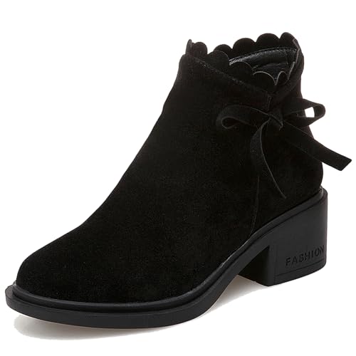 Gicoiz Damen Runde Zehen Comfy Chelsea Bogen Stiefeletten Chunky Blockabsatz Stiefel Winter Hochzeit Lovely Stiefeletten Zip Weit Fit Buro Arbeit Schuhe Schwarz Gr 34 EU von Gicoiz
