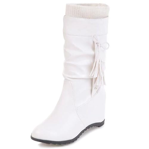 Gicoiz Damen Runde Zehen Halbschaft Slouch Keilabsatz Interne Erhohen Stiefel Winter Party Elegant Strickented Stretch Ohne Verschluss Warm Stiefeletten Bride Weiß Gr 40 EU-41Cn von Gicoiz