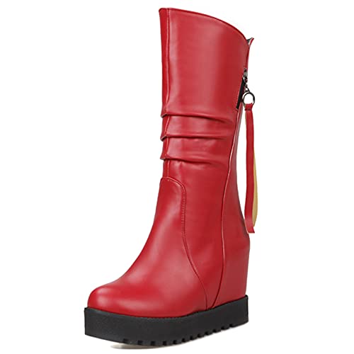 Gicoiz Damen Runde Zehen Hohen Keilabsatz Slouch Plateau Stiefel Halbschaft Winter Pelzgefüttert Draußen Warm Snow Stiefeletten Vintage Rot/Dl Gr 44 EU-46Cn von Gicoiz