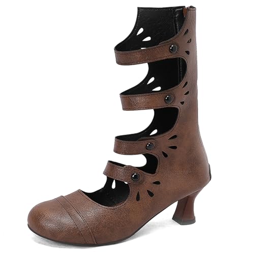Gicoiz Damen Runde Zehen Kitten Stiefel Chelsea Motorradstiefel Sommer Schnüren Mesh Ankle Stiefeletten Strappy Gladiator Winter Brogue Chukka Braun Gr 33 EU von Gicoiz