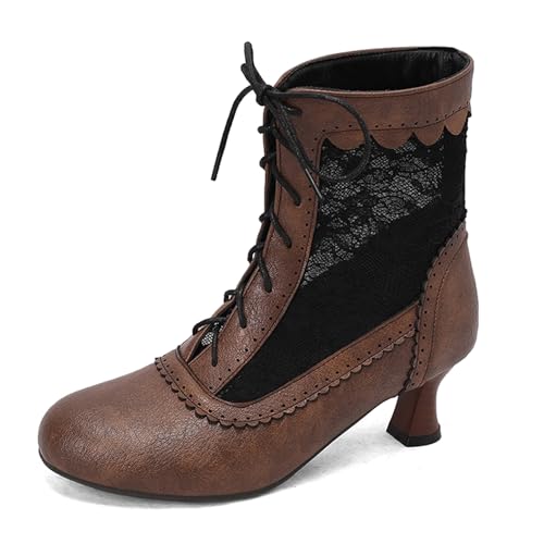 Gicoiz Damen Runde Zehen Kitten Stiefel Chelsea Motorradstiefel Sommer Schnüren Mesh Ankle Stiefeletten Strappy Gladiator Winter Brogue Chukka Braun Gr 35 EU von Gicoiz