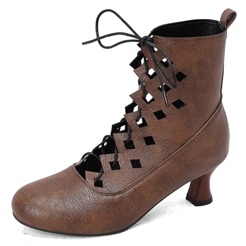 Gicoiz Damen Runde Zehen Kitten Stiefel Chelsea Motorradstiefel Sommer Schnüren Mesh Ankle Stiefeletten Strappy Gladiator Winter Brogue Chukka Braun Gr 39 EU-40Cn von Gicoiz