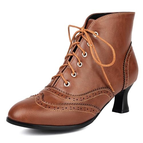 Gicoiz Damen Runde Zehen Kitten Stiefel Chelsea Motorradstiefel Sommer Schnüren Mesh Ankle Stiefeletten Strappy Gladiator Winter Brogue Chukka Braun Gr 40 EU-41Cn von Gicoiz
