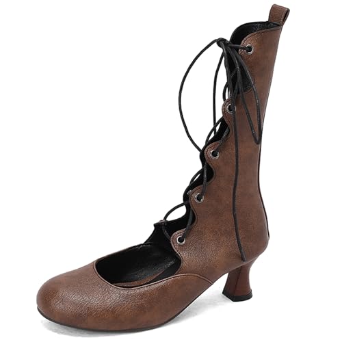 Gicoiz Damen Runde Zehen Kitten Stiefel Chelsea Motorradstiefel Sommer Schnüren Mesh Ankle Stiefeletten Strappy Gladiator Winter Brogue Chukka Braun Gr 42 EU-44Cn von Gicoiz