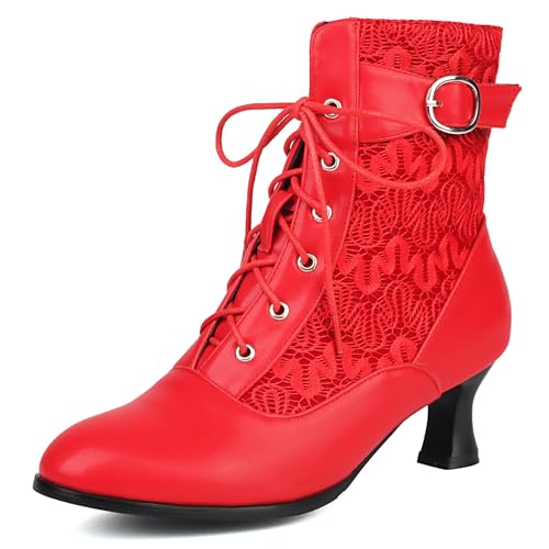 Gicoiz Damen Runde Zehen Kitten Stiefel Chelsea Motorradstiefel Sommer Schnüren Mesh Ankle Stiefeletten Strappy Gladiator Winter Brogue Chukka Rot Gr 35 EU von Gicoiz